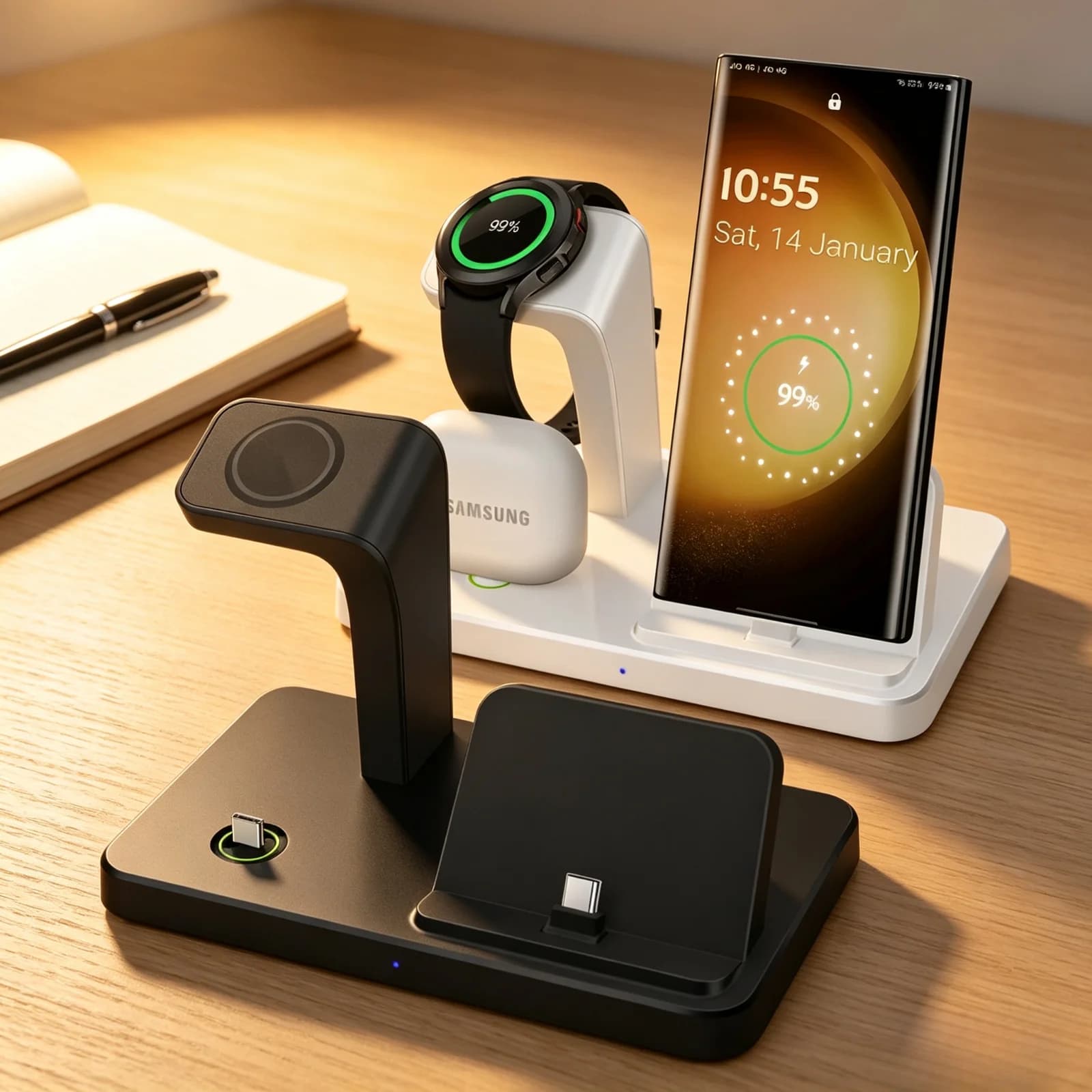 3 in 1 Wireless Charger Dual Type C Port For Samsung S26 S25 S24 S23 Galaxy Watch 8/7/6/5/4 Buds Pro4/3/2 Fast Charging Station