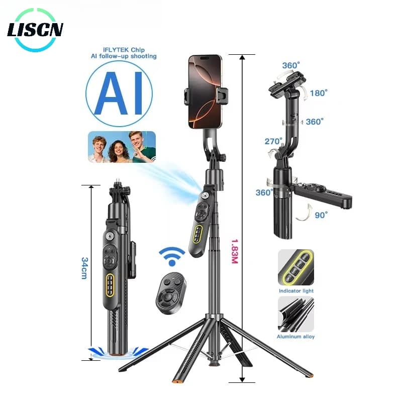 LISCN Q625 1,83M AI 360 ° Supporto per tracciamento viso, telecomando, anti-vibrazione, treppiede per selfie con luce, apertura automatica per telefono