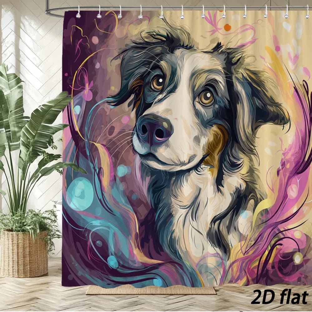 Tenda da doccia con ritratto artistico di cane – Vortici colorati, effetto 2D, 12 ganci, 70,8×70,8 pollici, poliestere, lavabile in lavatrice