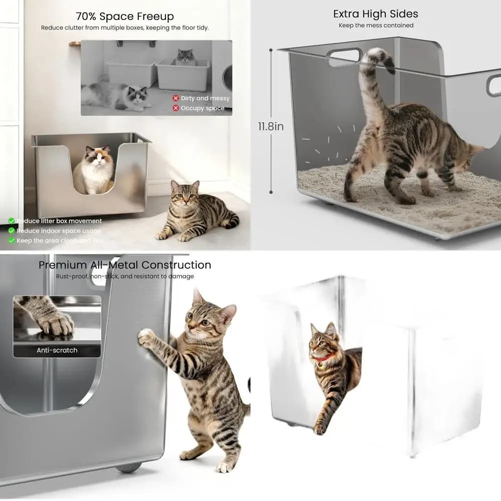 Lettiera Grande in Acciaio Inossidabile con Bordi Alti per Gatti Grandi, Design a Basso Ingresso, Anti-Perdita, con Ruote per Facile Spostamento, e Non-