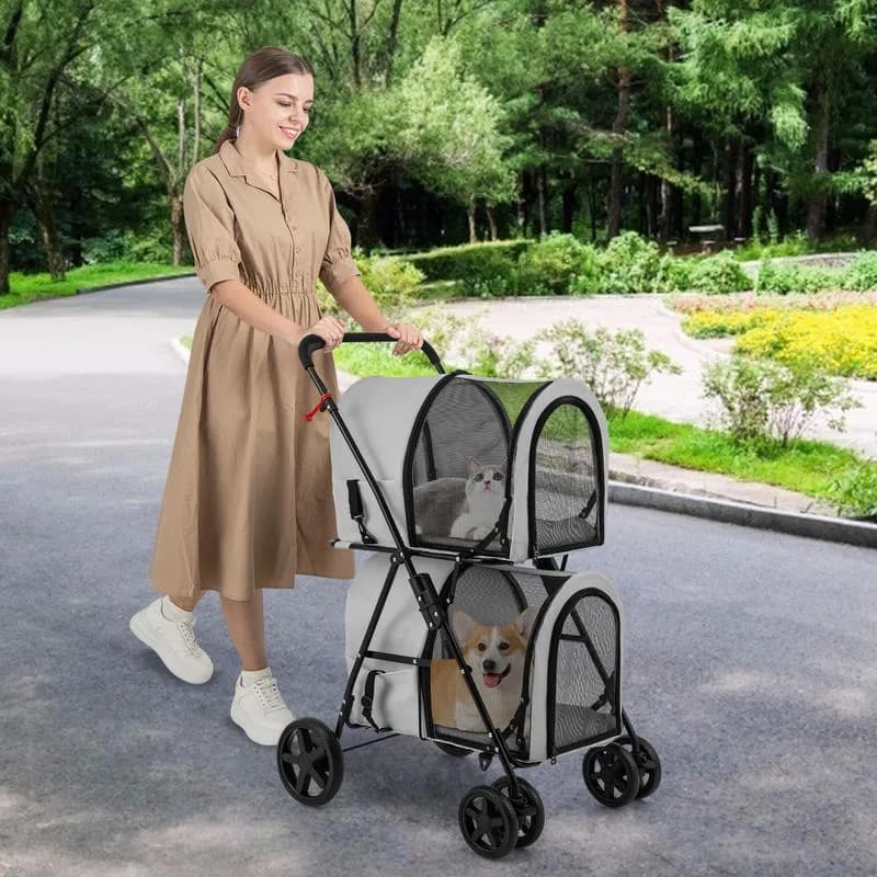 Passeggino Doppio 4-in-1 per Animali Domestici con Trasportino Rimovibile e Carrozzina da Viaggio - Grigio