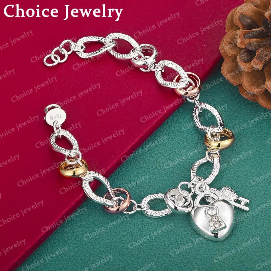 Bracciale a catena con anello a forma di cuore in argento sterling 925 con zirconi per gioielli da donna, accessori per fidanzamento e matrimonio