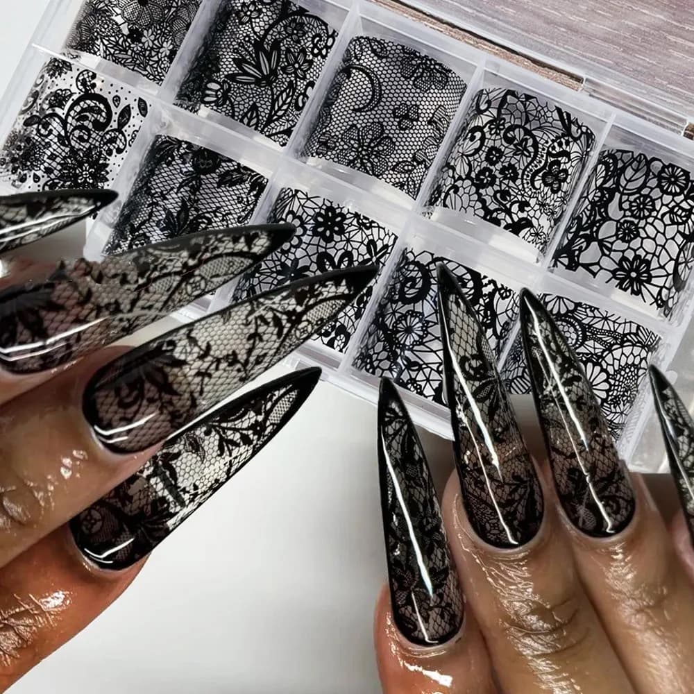 10 Rotoli/Scatola Fogli di Trasferimento in Pizzo Bianco e Nero per Nail Art, 4x25cm, Carta Effetto Cielo Stellato, Slider in Pizzo Fai da Te per Donne