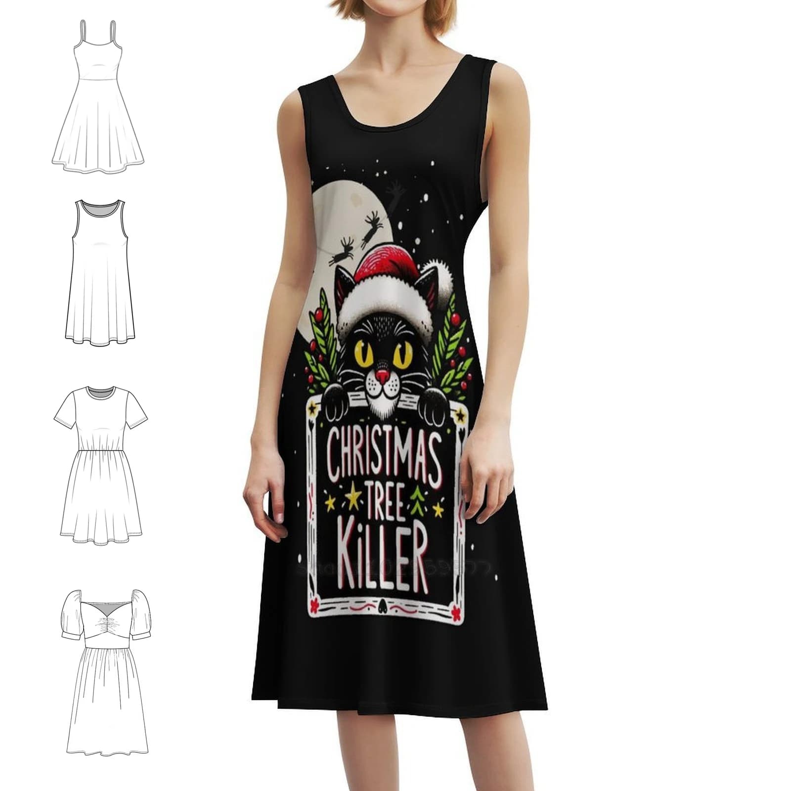 Abito stile coreano Killer dell'albero di Natale per le donne Abito casual elegante per la festa o l'uso quotidiano Cat Kill Santa Scaredy Cat