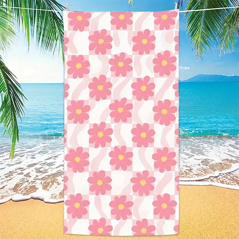 Asciugamano da spiaggia con motivo stampato a scacchiera floreale, protezione solare e antivento, adatto per piscina, campeggio, coperta da viaggio