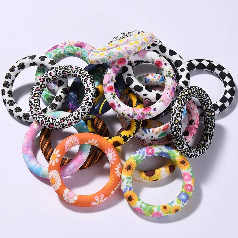 10 pezzi anello in silicone per bambini 65mm stampa massaggiagengive in silicone per uso alimentare giocattoli infermieristici ciuccio fai da te collana a catena accessori per gioielli