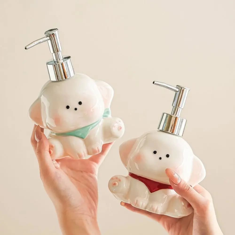 Dispenser di Sapone Liquido in Ceramica a Forma di Cane, Bottiglia Vuota per Lozione, Simpatico Erogatore a Pressione per Shampoo Doccia