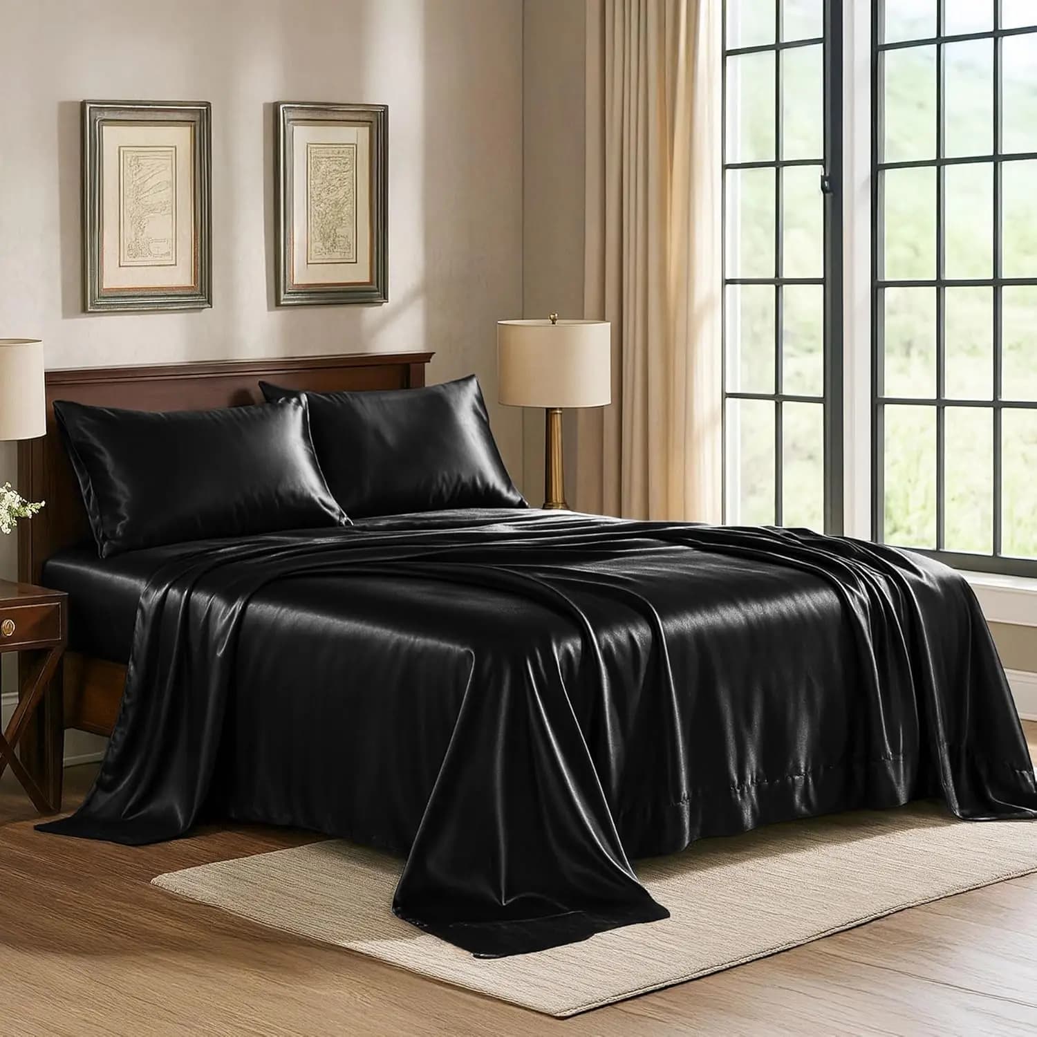 Set di Lenzuola in Raso per Letto Singolo, Matrimoniale, Queen e King Size, Set di 4 Pezzi, Set di Biancheria da Letto Setosa con Angoli Elasticizzati e Tasche Profonde per Materasso