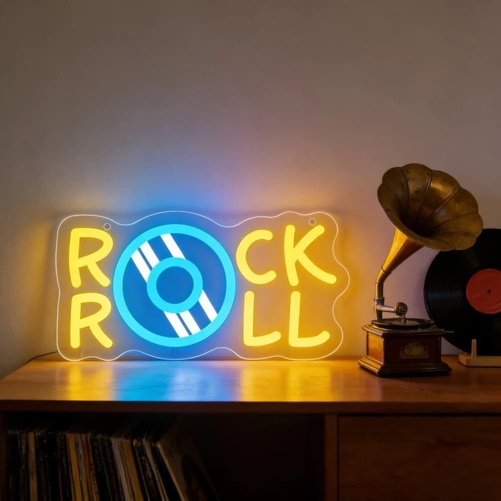 Insegna al Neon Rock and Roll, Luce LED Dimmerabile USB, Decorazione da Parete per Studio Musicale, Studio di Registrazione, Bar, Club, Man Cave, Sala Giochi