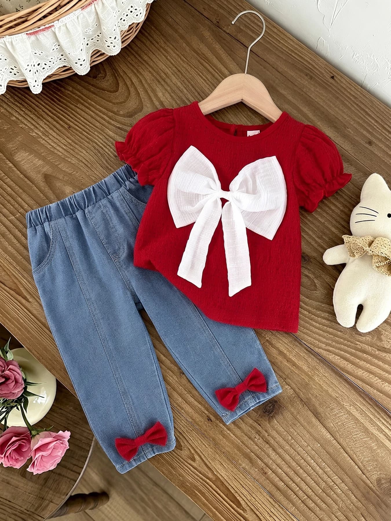 Fashion Infant Girl Summer Set Puff Sleeve Red Top Bow‑Trim Jeans