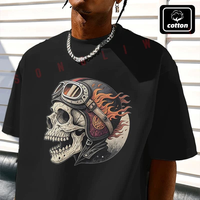 Viking Berserker Skull Moto T-Shirt Vintage Cotton Plain Mens Funny T Shirts Casual Harajuku Clothes