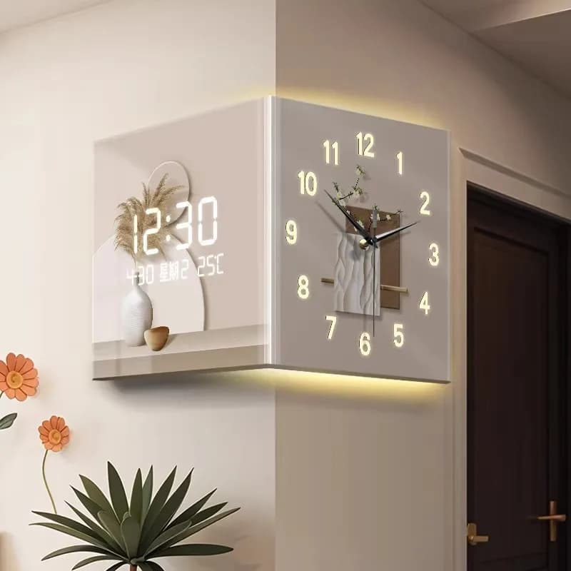 Orologio elettronico semplificato, orologio da sospensione bifacciale ad angolo soggiorno, display digitale, pittura astratta dell'orologio da parete
