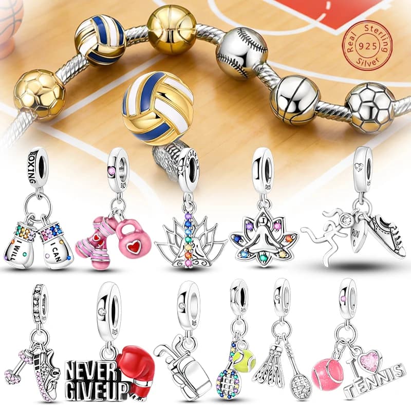 Sterling 925 Silver Pendants Sports Theme: Football, Basketball, Boxing, Yoga, Baseball - For Bracelets and Jewelry ♪