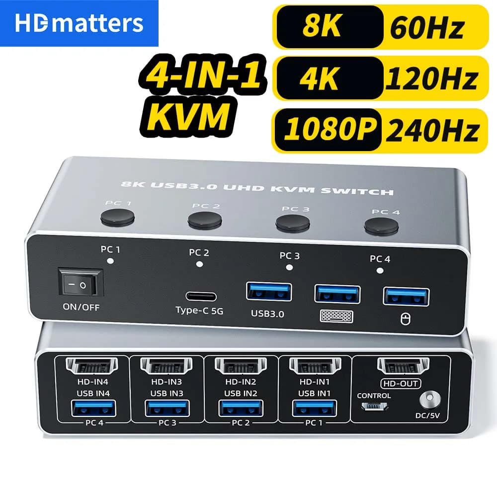 KVM HDMI 2.1 8K 60Hz switch for 4 computer USB 3.0 KVM switch to 4 ports 8K HDMI 2.1 KVM HDMI 4K 120Hz switch for 4 share USB parts