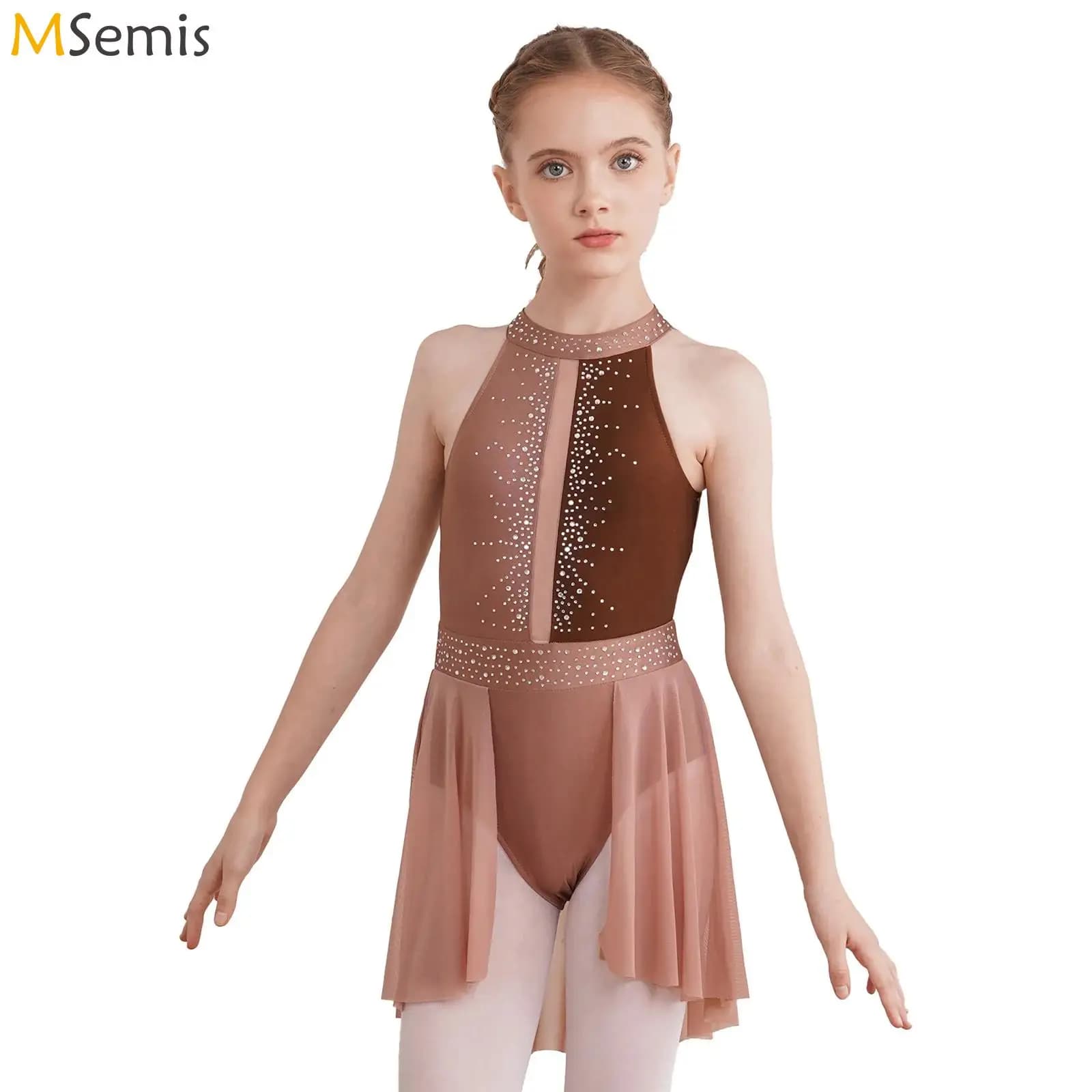 Vestito da ballo lirico per ragazze per bambini, balletto, pattinaggio artistico, ginnastica, spettacolo teatrale, costume senza maniche, body con strass lucidi