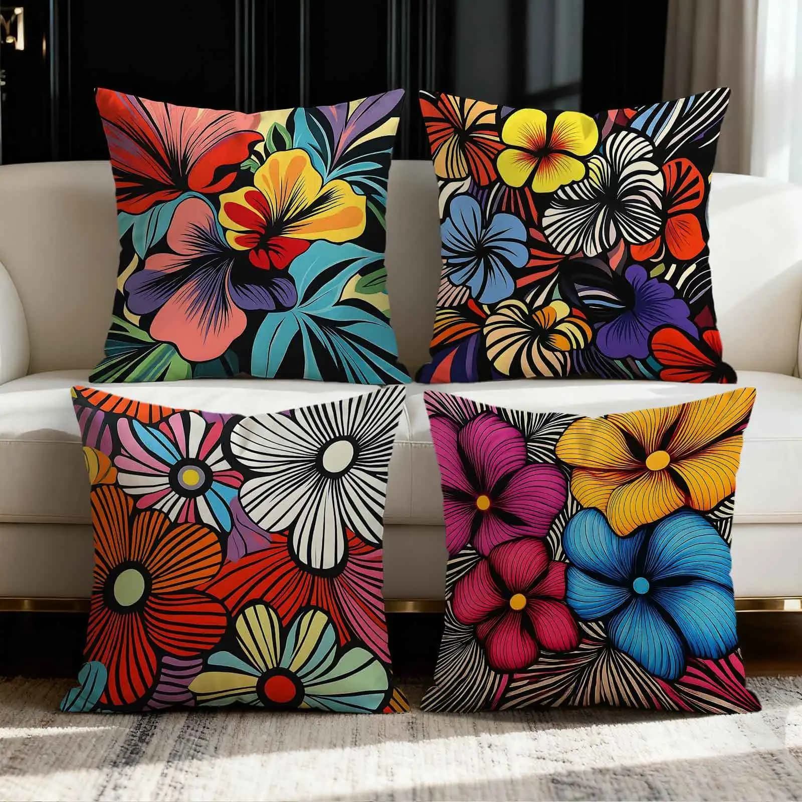 4pcs Bright floral design digital printing pillow cover Short plush Suitable living rooms bedrooms sofas throw cushion cover