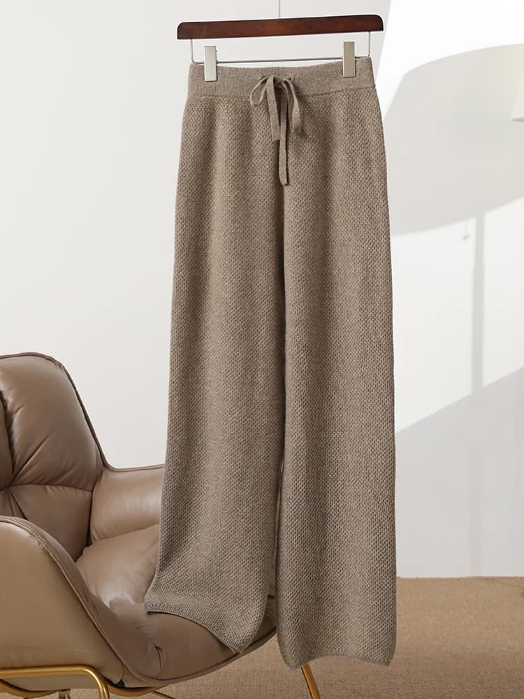 Women's Cashmere Wide Leg Pants Autumn Winter Basic Soft Casual Sashes Trousers 100% Merino Wool Knitwear Honeycomb Needle Pants