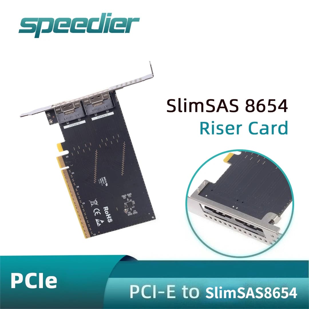 Scheda Adattatore PCIE a 8654 PCI-E 4.0 / 3.0 X16, Soluzione Esterna di Estensione SlimSAS 8654, Riser con 2 Connettori 8654 8i per SSD GPU
