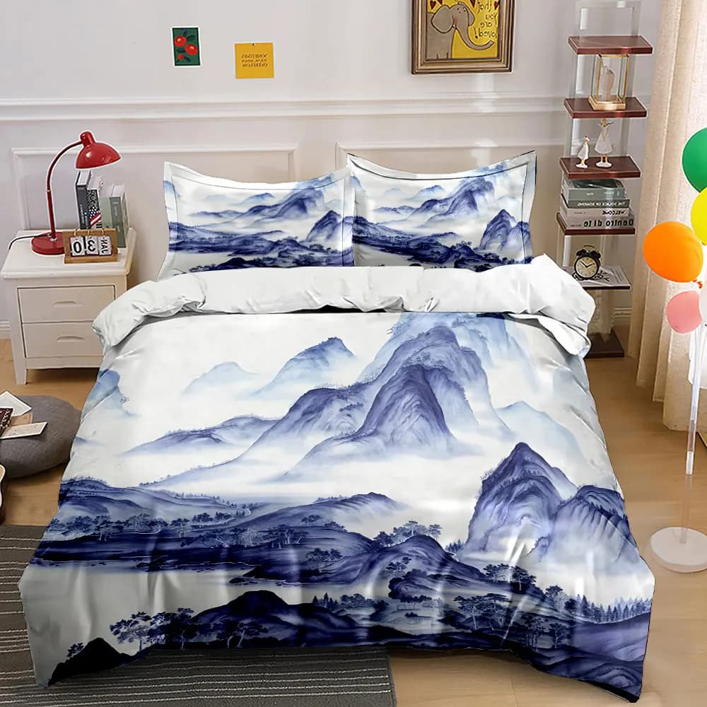 Set di Biancheria da Letto con Stampa di Paesaggio Invernale con Picchi Nubliti, 1 Copripiumino e 2 Federe per Adulti e Bambini, Regalo di Lusso