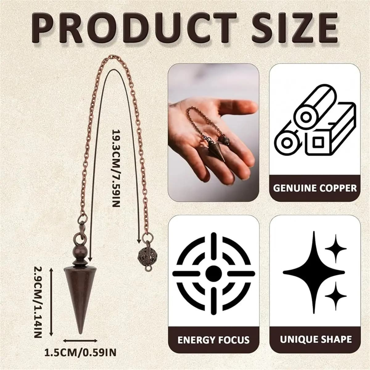 A43TBG 9 Inch Copper Pendulum with Chain, Hexagonal Cone Spiritual Pendant for Dowsing,Healing Tool for Pendulum Board