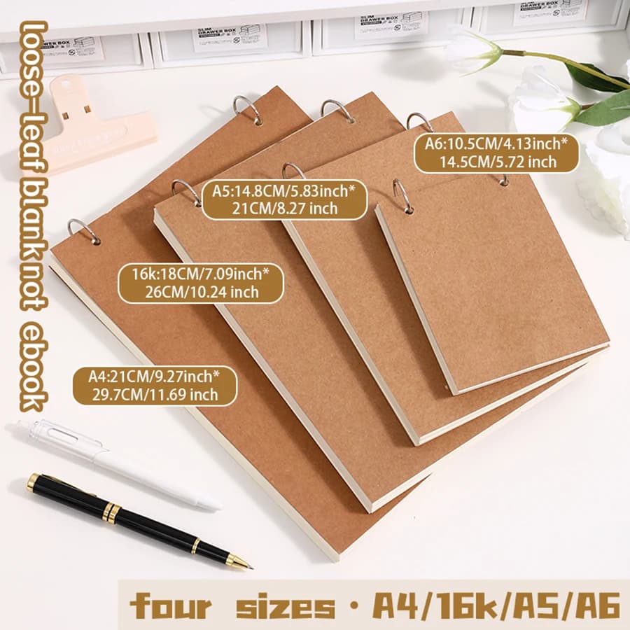 A4 B5 A5 A6 Spiral Sketch Book Kraft Cover Detachable Loose-Leaf Journal with 2 Black Ballpoint Pens for Watercolor Marker Draw