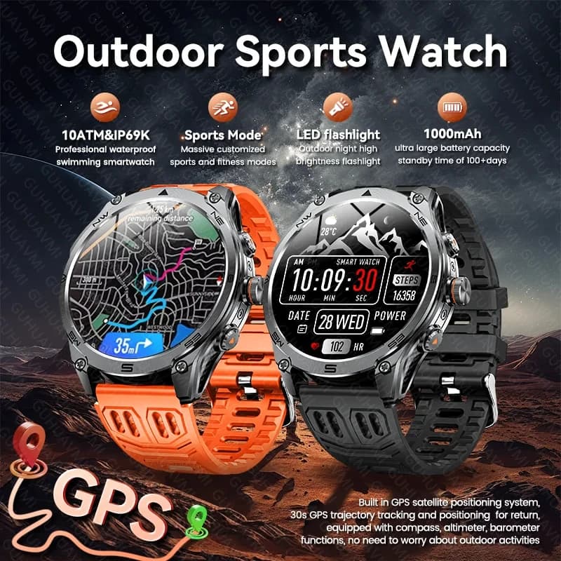 Smartwatch Militare 2026 con GPS Integrato, Torcia, Batteria da 1000mAh, Impermeabile 10ATM, Chiamate BT, per Uomo, Sport e Fitness