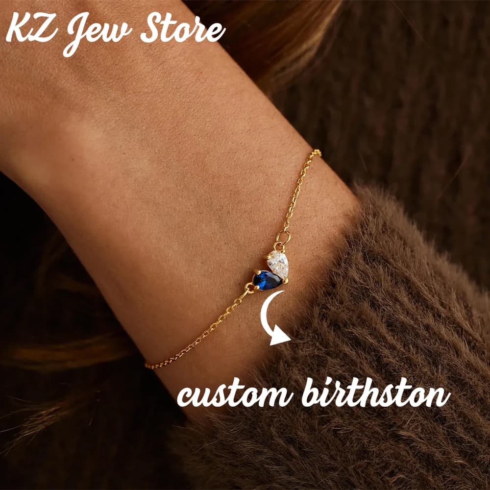 Bracciale personalizzato con due pietre portafortuna a forma di cuore per donna, delicato regalo di gioielli con catena in acciaio inossidabile regolabile in pietra bianca blu color oro