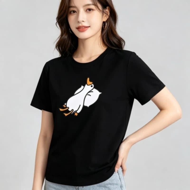 oft Basic Round Neck T Shirt For Women, Funny Lazy Duck Hug Pillow Cartoon Graphic Short Sleeve Tee, Color Options