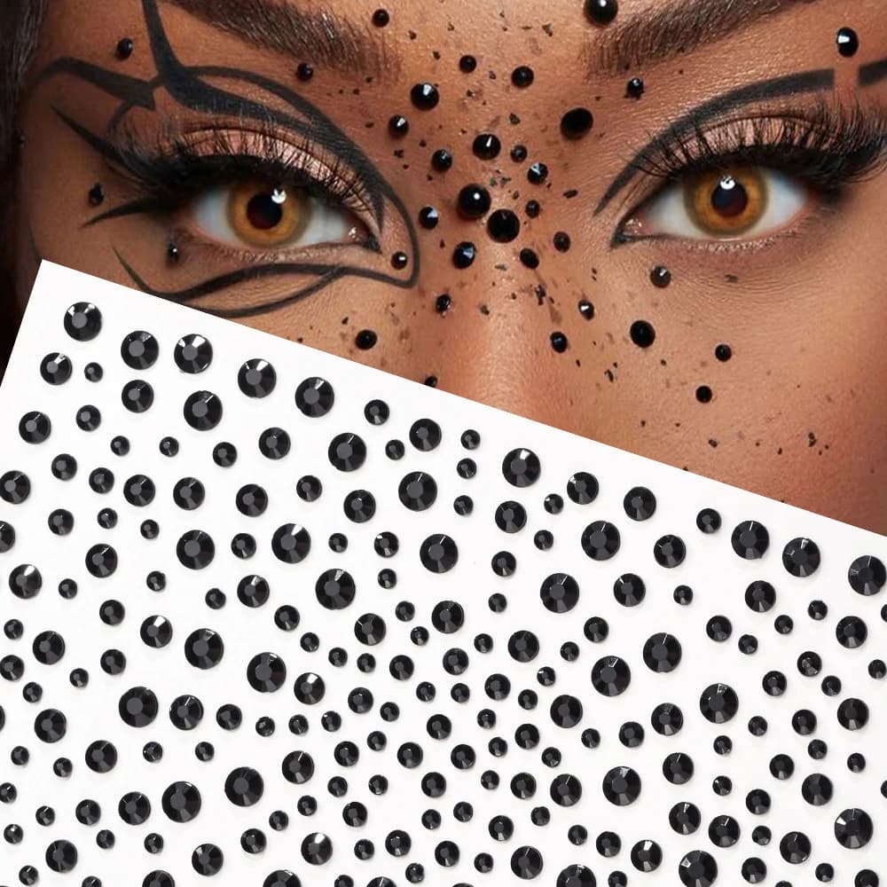 1Sheet 9D Halloween Punk Black Diamond Face Sticker Mixed-Size Black Round Crystal Eye Makeup Face Decal Adhesived Black Slider