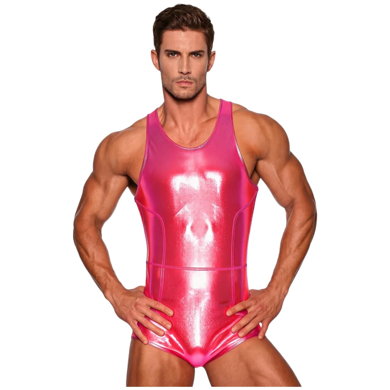 Men Metallic Shiny Bodysuit Swimwear Swimsuit Sleeveless Shorts Bottom Zipper One Piece Bathing Suit for Rave Party Clubwear