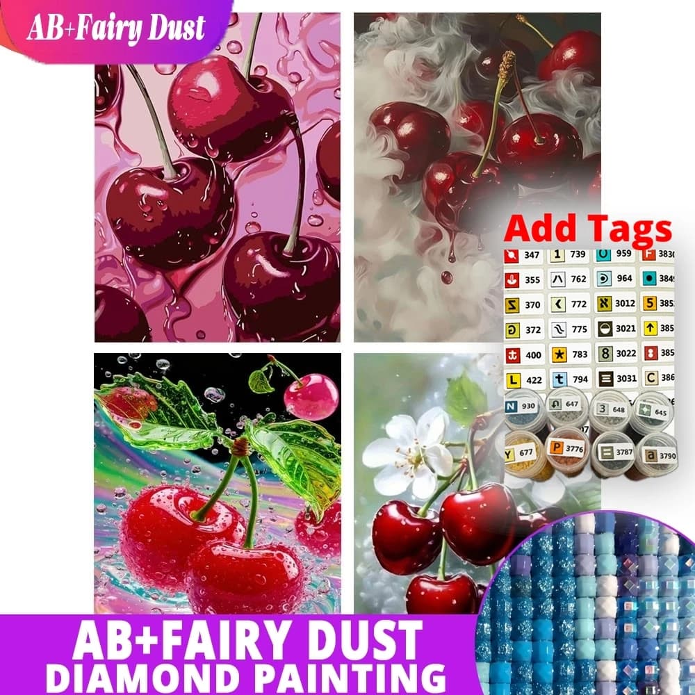 AB Fairy Dust 5D Diy Diamond Painting Cherry Fruit Mosaic Kitchen Flower Full Kits Handmade Pictures Of Rhinestones Square Round