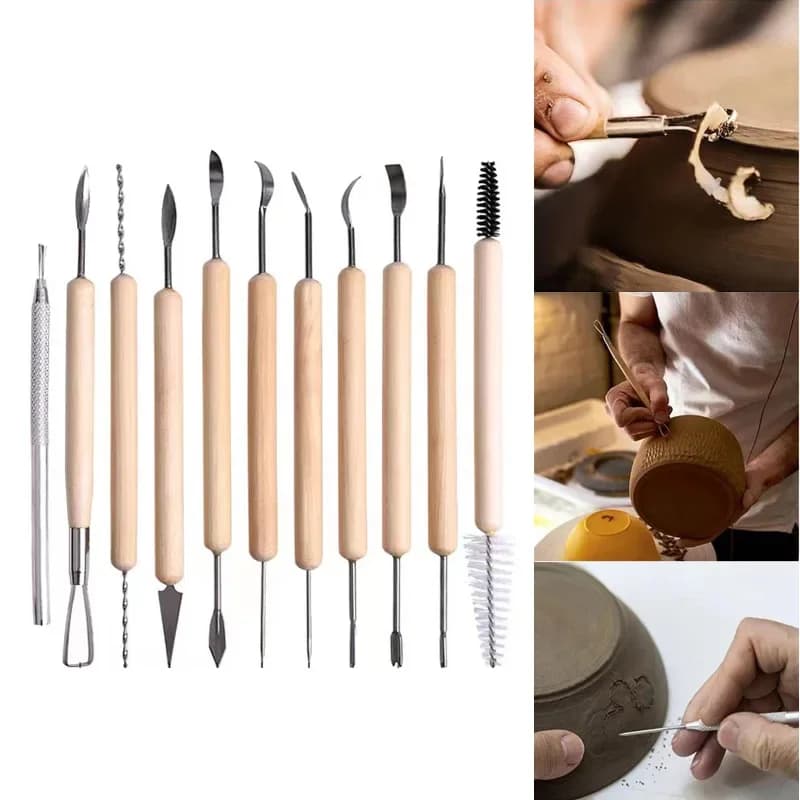 Set di 11 Utensili per Modellare l'Argilla, Kit di Strumenti per Scolpire la Ceramica e l'Argilla Polimerica a Doppia Punta con Manico in Legno Liscio