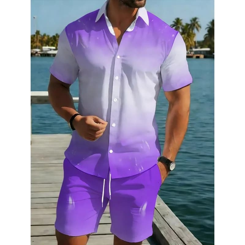 Summer Men's 2 Piece Gradient Purple Shirt Shorts Set Polyester Lightweight Casual Beachwear for Pool Outdoor