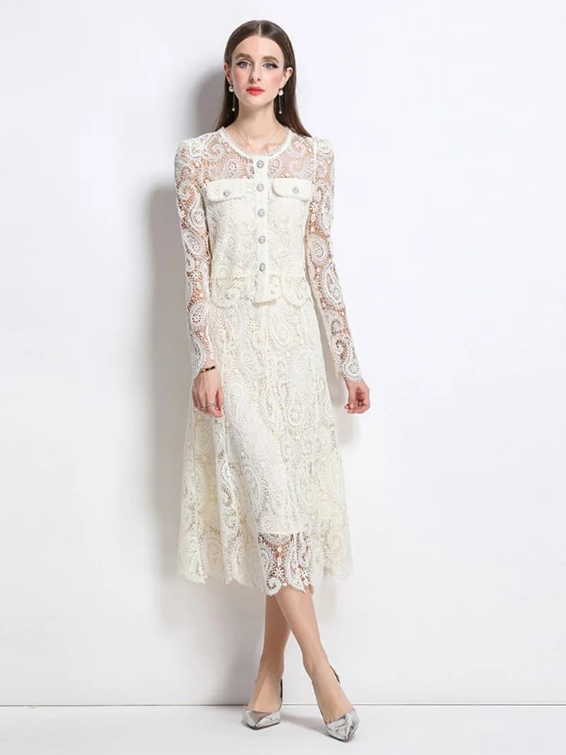 Luxury Hook Flower Hollow Lace 2 Piece Sets Women Outfit Spring Clothing Women Long Sleeve Top Skirt Suits Two Pieces Dress Sets