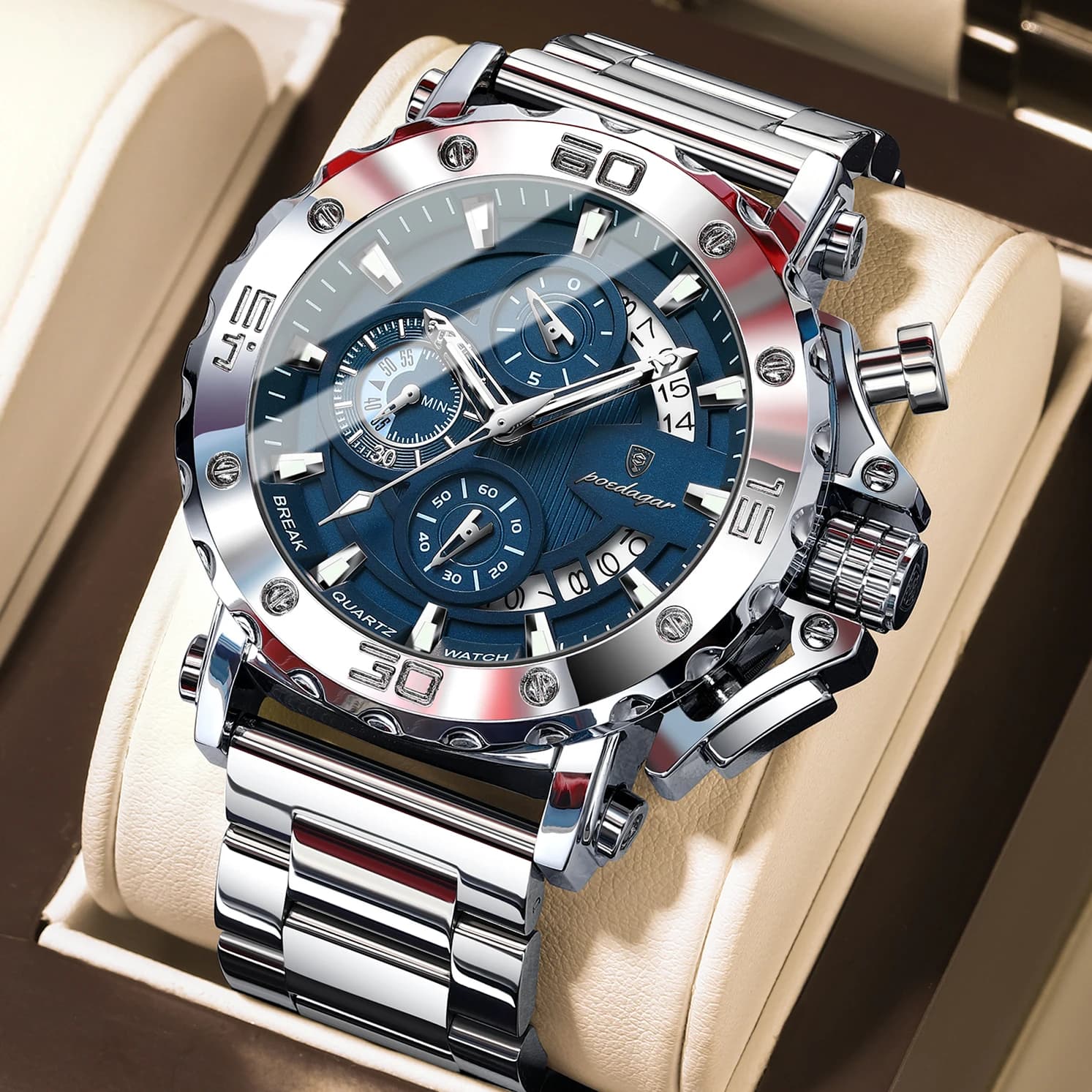 POEDAGAR Luxury Men's Watch Luminous Calendar Waterproof Men's Watch Chronograph Stainless Steel Quartz Watches For Men Reloj Gift