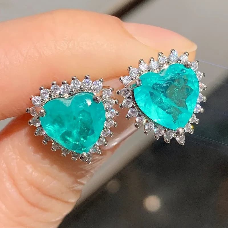 Jianjie Charming Women's Lake Blue Color Heart Shape Brilliant Zircon Earrings Delicate Shining Party Banquet New Ear Jewelry