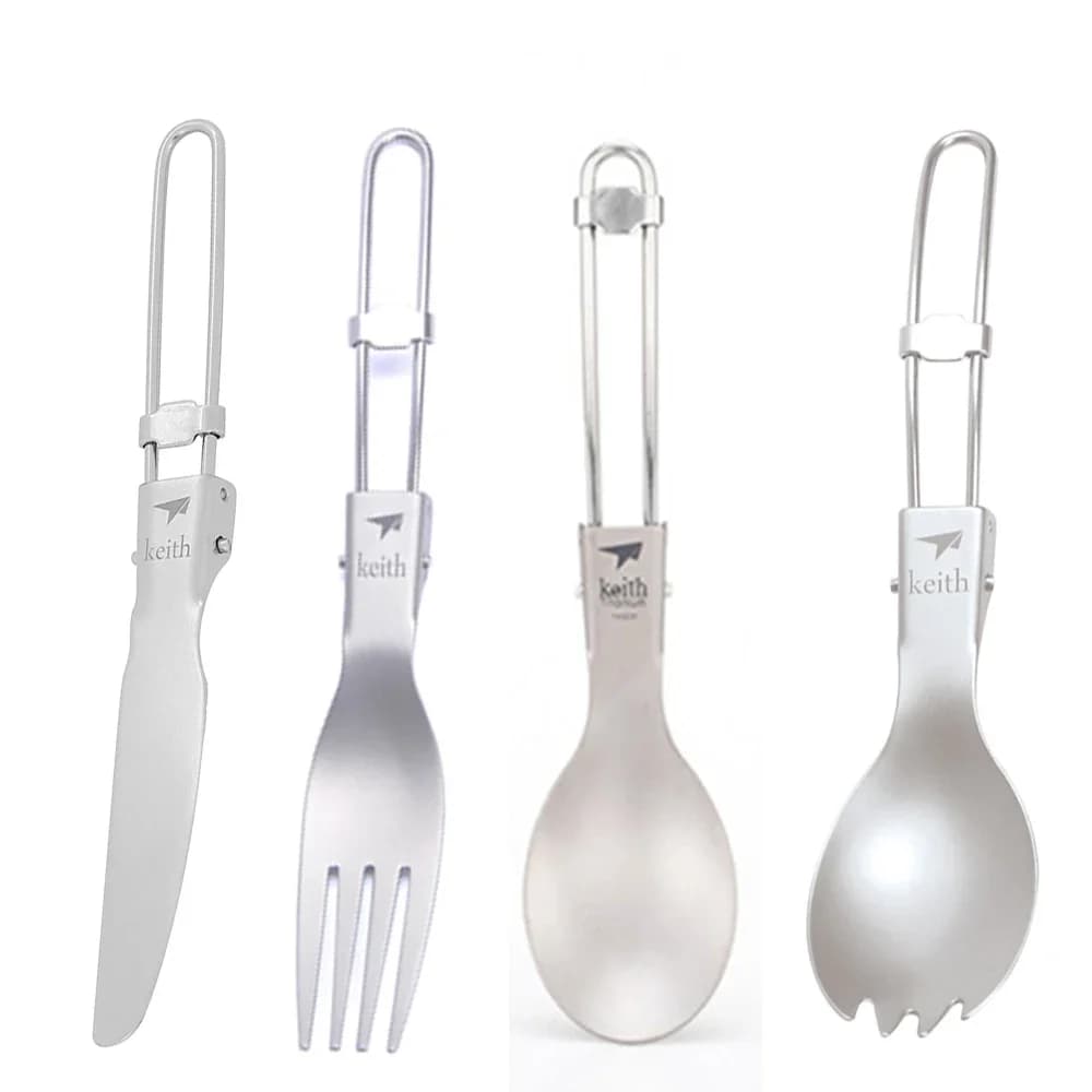 Keith Outdoor Titanium Cucchiaio pieghevole Spork Coltello Forchetta Set Manico pieghevole Posate da campeggio Kit da disordine Stoviglie da cucina Portatile