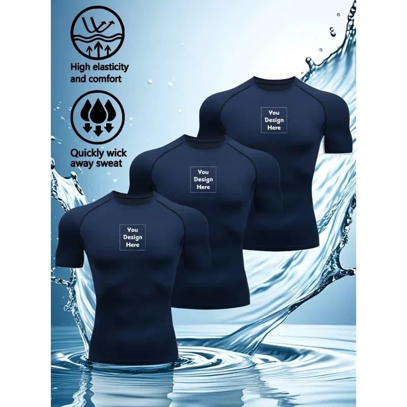 3Pcs Set Men Custom Print High Elastic Breathable Compression T-Shirt, Crew Neck Slim Fit Sportswear For Gym Running Training