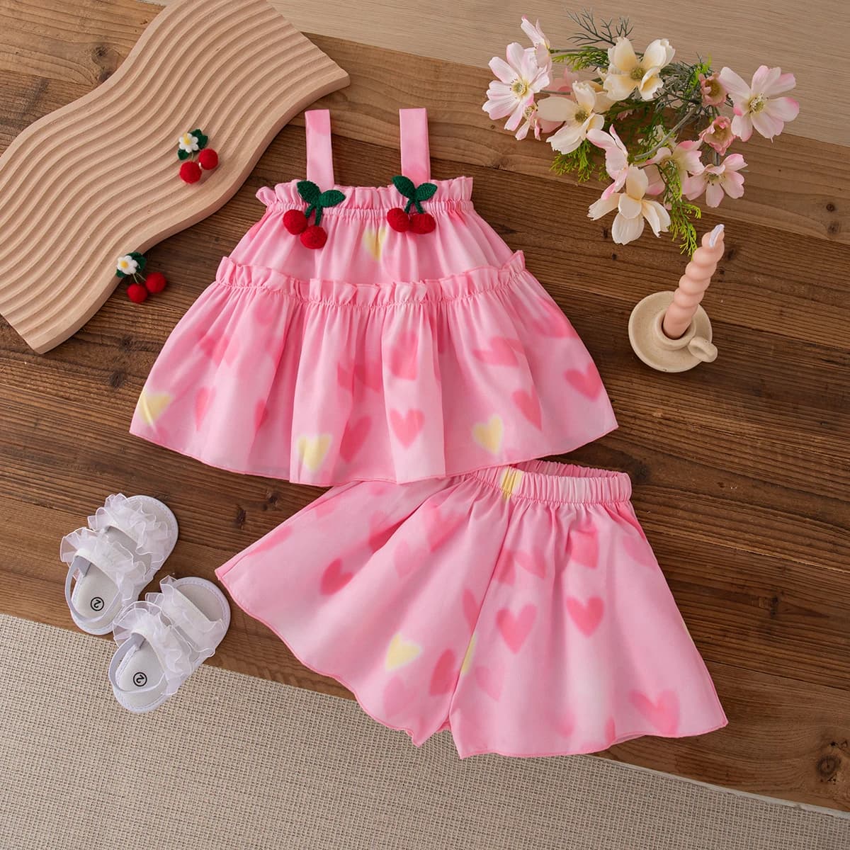 2 pezzi/set vestiti per bambina estate modello ciliegia e cuore stile rendering fionda costume per bambini carino vestito casual per ragazza