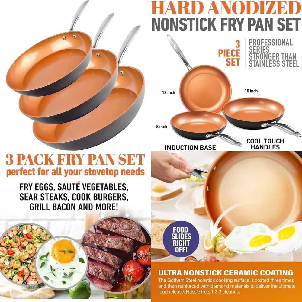 Tri-Set ceramic non-stick pans: 8, 10, 12 - Hard anodized, induction ready, suitable for oven and dishwasher, copper color