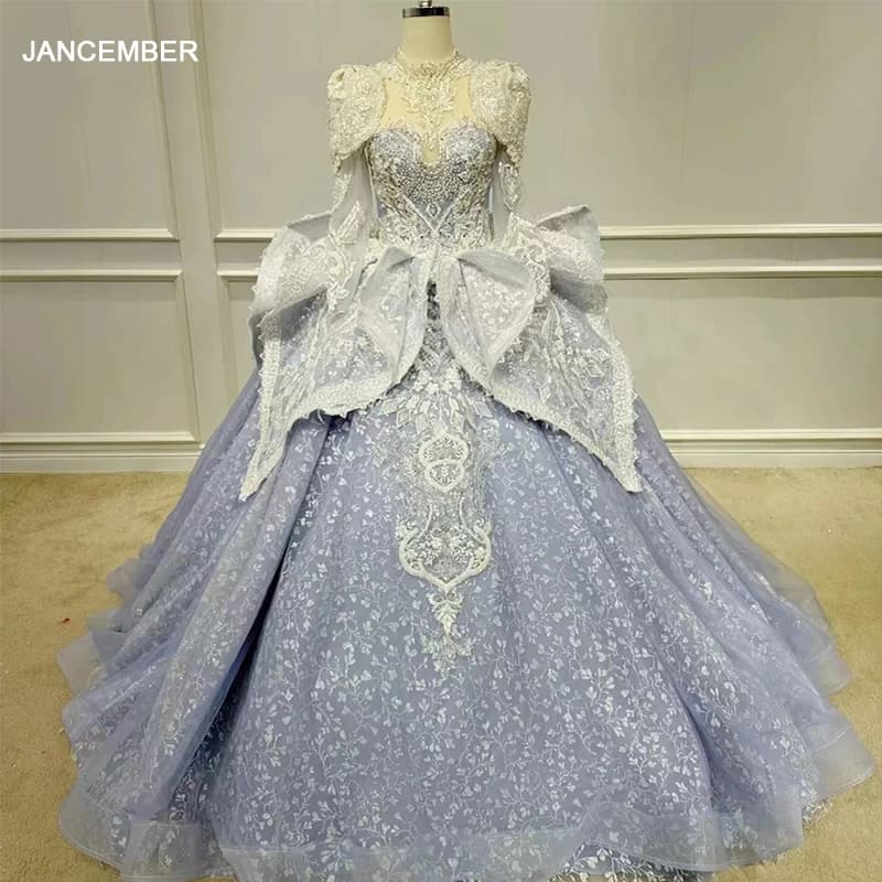 Eleganti diamanti Quinceanera Dress Court Train Girls Bowknot Ruffles collo alto pieghe maniche lunghe Vestidos De 15 aecos personalizzato