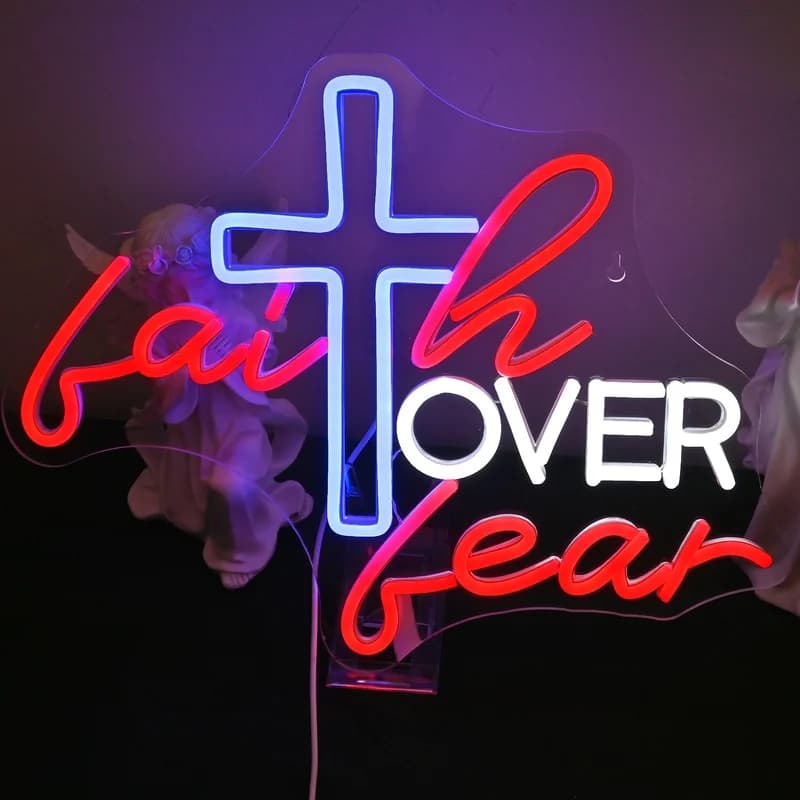 Insegna al neon Faith Over Fear personalizzata per parete dimmerabile camera da letto uomo grotta aula chiesa arredamento detti religiosi cristiani 5/12V USB