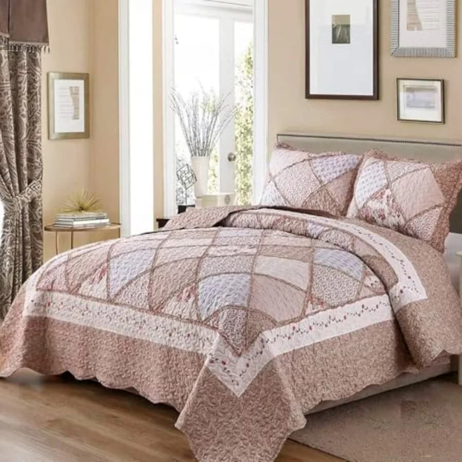 Set copriletto trapuntato reversibile a 3 pezzi con motivo floreale, set copriletto trapuntato, set lenzuola, copriletto B