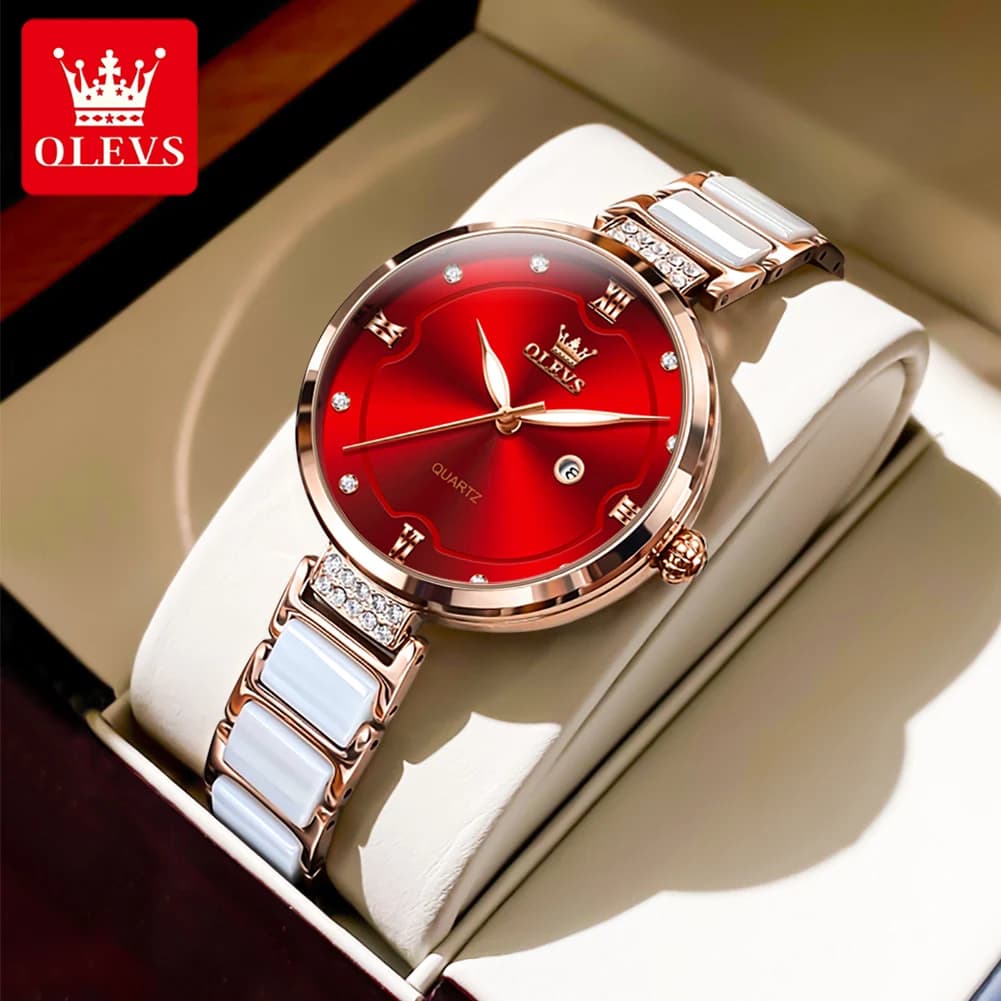 OLEVS Orologi da donna Cinturino in ceramica elegante di lusso Quadrante rosso brillante Orologio da polso al quarzo di marca originale per donna Data impermeabile