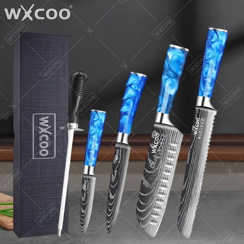 WXCOO Laser Damascus Pattern Kitchen Knife Stainless Steel Chef Utility Knife Fruit Peeling Knife Resin Handle with Gift Box
