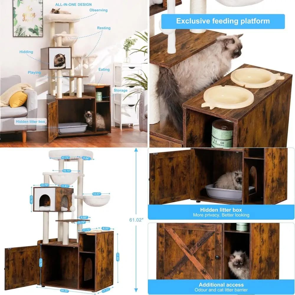 Albero per gatti da interno con lettiera integrata, torre moderna con ampia piattaforma, cuccia con distributore di cibo e 2 amache, tutto in uno