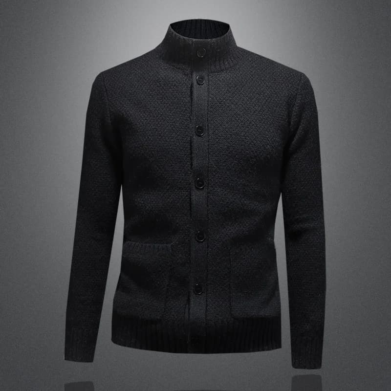 Cardigan in maglia da uomo di alta gamma con colletto alla coreana e bottoni in legno, caldo e anti-pilling in filato di lana per l'inverno