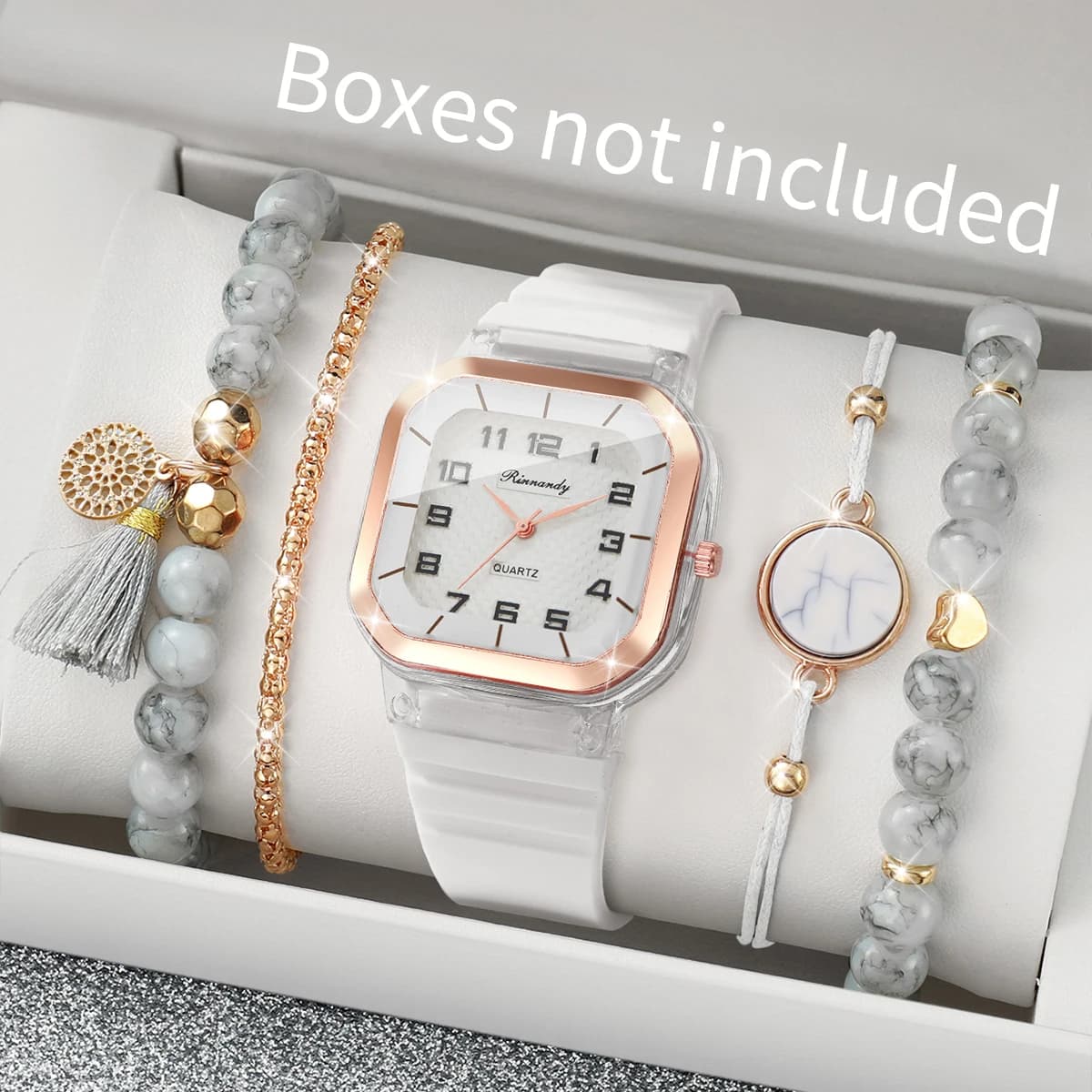 Set of 5 Women's Watches with Arabic Dial and Bracelets with Beads, Silicone Strap, Quartz Watch (Senza Box)