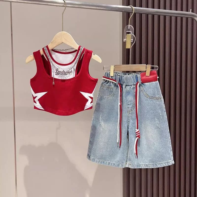 2026 Summer New Girls Clothing Set Fake Two Five-Pointed Star Print Sleeveless Vest+Capri Pant Jeans 2Pcs For 4-12Y Fashion Suit