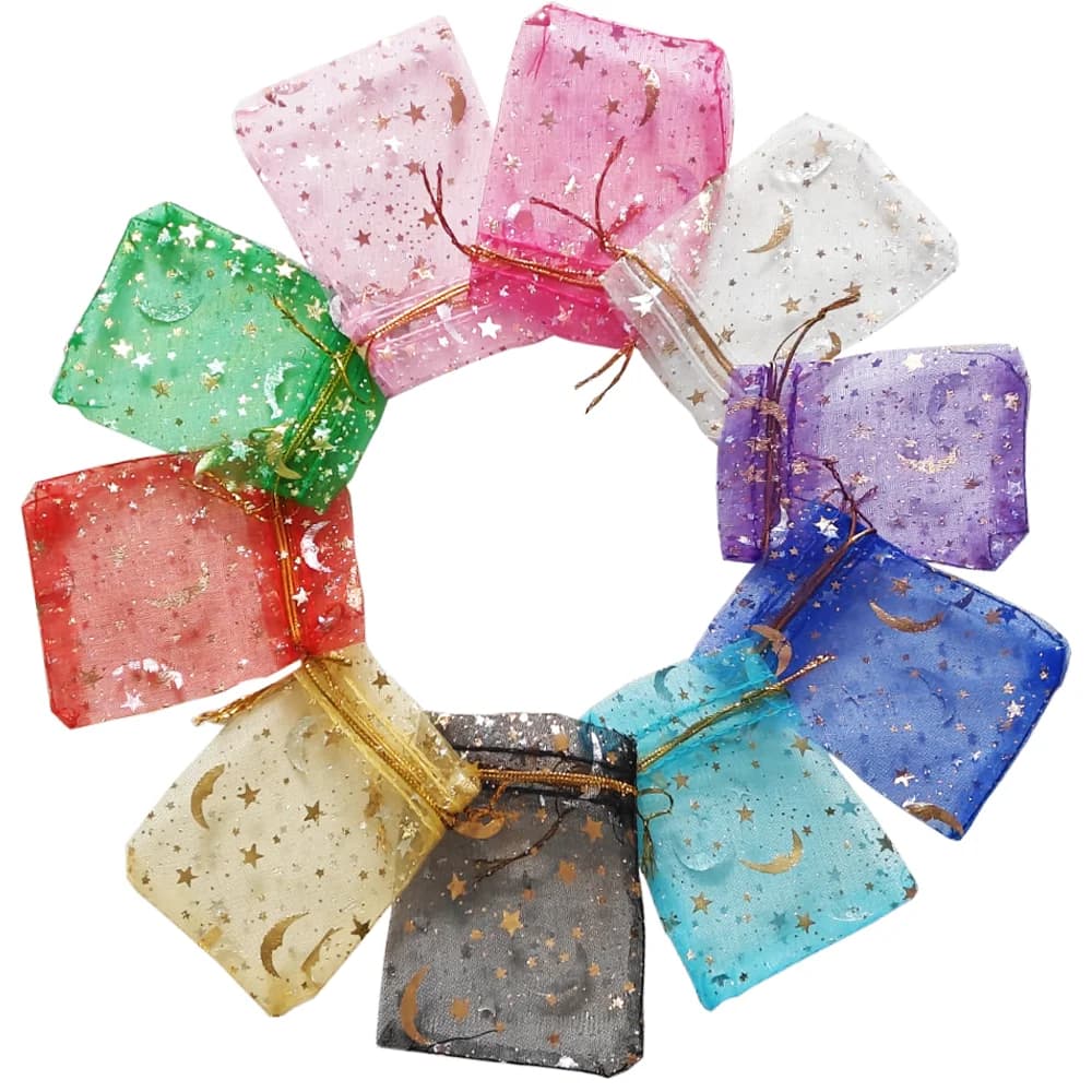 25/50/100 pezzi Sacchetti Regalo in Organza con Motivo Luna e Stella, Multicolore, per Gioielli, Bomboniere, Sacchetti per Caramelle, Confezioni per Gioielli, Vendita all'Ingrosso